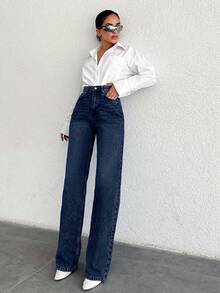 SHEIN Tall 100%纯棉高腰直筒牛仔裤 - 深色水洗藍 - 查看 4