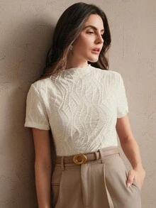 Anewsta 女士优雅度假沙滩休闲针织纹理褶皱杏色短袖T恤