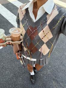 Muchica Áo len chui đầu cổ chữ V tua rua kim cương cho nữ mùa thu trở lại trường - Xám - Xem 6