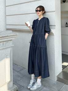 SHEIN Unity 女式秋季深牛仔蓝休闲通勤长款牛仔连衣裙，女式秋季服装，返校节服装，外出服装，商务休闲女装，哥特式女装 - 深色水洗藍 - 查看 7