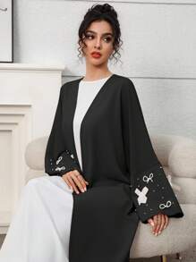 Yasmyna 女士优雅串珠蝴蝶结装饰阿拉伯长袍 - 黑色 - 查看 6