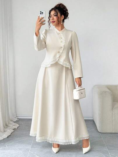 SHEIN Elenzya Plus Size Crisp Woven Fabric High Collar Long Sleeve Asymmetrical Arc Opening Gold Button Decor Cinched Waist A-Line Hem Ruffle Trim Fitted Shirt + Cinched Waist Umbrella Hem Ruffle Trim Skirt, Elegant For Outings, Commute, Gatherings, Dates, 2 Pieces Set Fall Cloth For Women