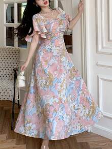 Modelyn 女式花卉印花褶饰前片荷叶边袖腰 A 字形连衣裙