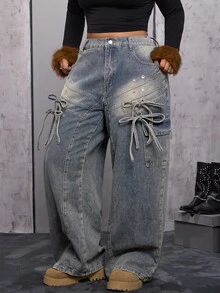 Jeanoix Plus Size Women's Fashionable Vintage Lace-Up Wide Leg Cargo Jeans Punk - Medium Wash - View 3