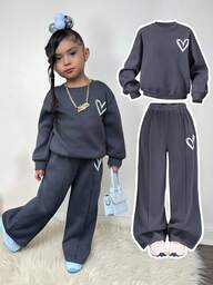 Baby Girls Casual Heart Print Knit Solid Color Loose Drop Shoulder Long Sleeve Sweatshirt And Wide Leg Sweatpants Set