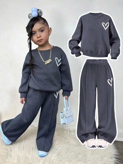 Baby Girls Casual Heart Print Knit Solid Color Loose Drop Shoulder Long Sleeve Sweatshirt And Wide Leg Sweatpants Set