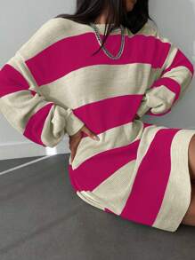 Cloudara Two Tone Drop Shoulder Sweater Dress - Pink - View 6