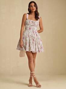 Enchnt 秋冬浪漫女士杏色花卉印花褶皱胸围吊带迷你连衣裙，甜美优雅，适合度假、约会、节日、生日、派对、毕业典礼、婚礼宾客、办公室和外出，舞会礼服，女士秋冬连衣裙，女士秋冬服装，返校，优雅的派对连衣裙， - 杏色 - 查看 1