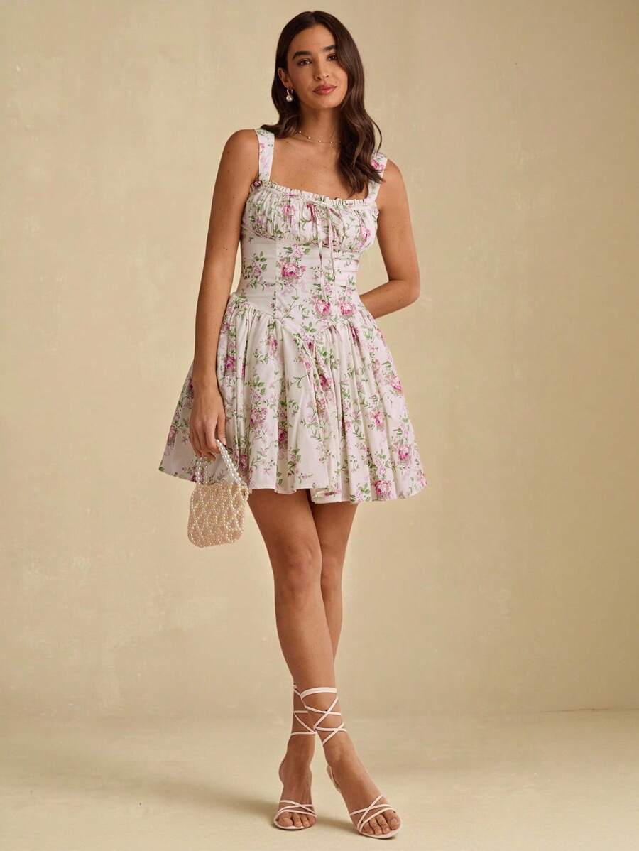 Enchnt 秋冬浪漫女士杏色花卉印花褶皱胸围吊带迷你连衣裙，甜美优雅，适合度假、约会、节日、生日、派对、毕业典礼、婚礼宾客、办公室和外出，舞会礼服，女士秋冬连衣裙，女士秋冬服装，返校，优雅的派对连衣裙， - 杏色 - 查看 1