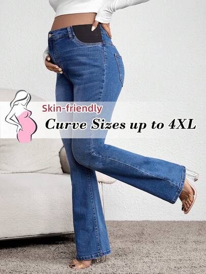 Plussiva Pantalones vaqueros acampanados azules lavados de talla grande para maternidad, otoño, invierno, vuelta al colegio, homecoming, Halloween, Navidad, estilo Y2K, ropa de calle linda, gótico, grunge, , salida nocturna, salida, club, aeropuerto, casual de negocios, campo, vintage, modesto, estilo old money, casual de trabajo, maestro, iglesia
