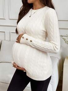 MaterniWear Maternity Elegant White Autumn Cable Knit Sweater For Pregnant Women,Long Sleeve Round Neck Twist Pattern Photoshoot Button Casual Winter Clothes - Apricot - View 7