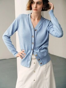 Uhlyne 女士休闲宽松V领开衫毛衣，年轻时尚百搭设计，秋冬 - 藍色 - 查看 1