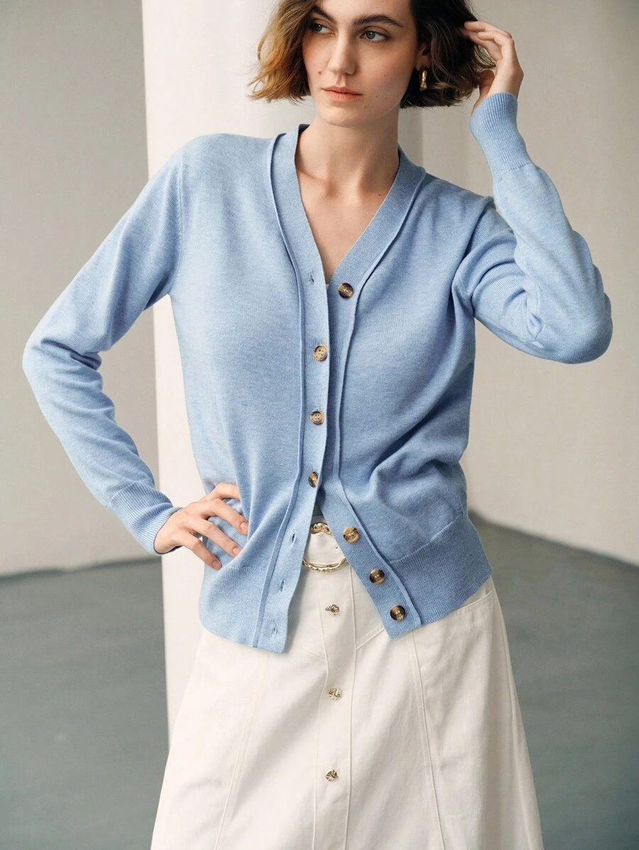 Uhlyne 女士休闲宽松V领开衫毛衣，年轻时尚百搭设计，秋冬 - 藍色 - 查看 1