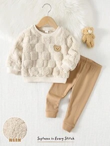 Cozy Pixies 2件套男婴棋盘格图案羊毛圆领运动衫和松紧腰裤套装 - 卡其色 - 查看 3