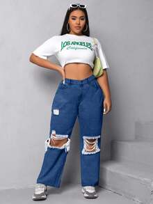 EURMUSE Plus Size Women High Waist Pockets Wide Leg Distressed Casual Jeans - Medium Wash - View 5