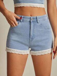 WESTFADE Western Mixed Media Cotton Blend Denim & Summer Floral Eyelet High Rise A Line Ruffle Shorts Back To School Cute Fall Country Summer Beach Vacation - Light Wash - View 6