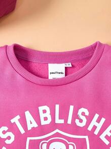 Paul Frank X SHEIN Tween Girl Retro Minimalist Cartoon & Letter Graphic Crew Neck Loose Casual Knit Pink Sweatshirt - Pink - View 7