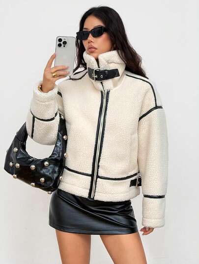 SHEIN PETITE Plus Fleece Thick Leather Patchwork Loose Short Jacket Sherpa Jacket Women Jackets Jackets For Women Winter Jackets For Women Teddy Jacket Winter Clothes For Women Y2k Jacket Women Jackets