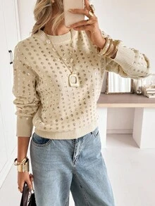 Siren Gaze كنزة صوفية بأكمام طويلة وياقة طاقم مزينة بالترتر للنساء - لون مشمشي - مشاهدة 4