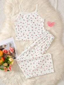 SHEIN 2 件套青少年女孩简约碎花蕾丝花边吊带和直筒睡裤套装，柔软舒适的家居服 - 白色 - 查看 4