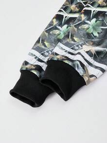 青少年女孩 V 领时尚树叶印花长袖运动衫，休闲百搭，春秋季 - 黑色 - 查看 7