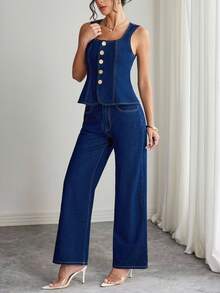 SHEIN Elenzya 女士休闲通勤牛仔背心和裤子套装 - 藍色 - 查看 4