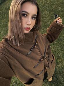 DAZY 女士纯色宽松长袖高领牛角扣口袋休闲街头加厚外套，秋冬款 - 棕色 - 查看 7