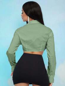 EURMUSE Áo sơ mi nữ tay dài đơn giản, tối giản, màu trơn - Màu xanh chanh - Xem 2