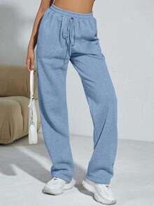Flirla 女士纯色抽绳腰口袋直筒宽松休闲运动裤 - 淺藍色 - 查看 3