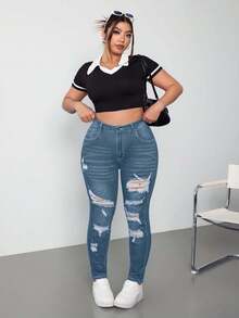 EURMUSE Plus Size Medium Wash Blue High Stretch Skinny Distressed Sexy Denim Jeans - Blue - View 3