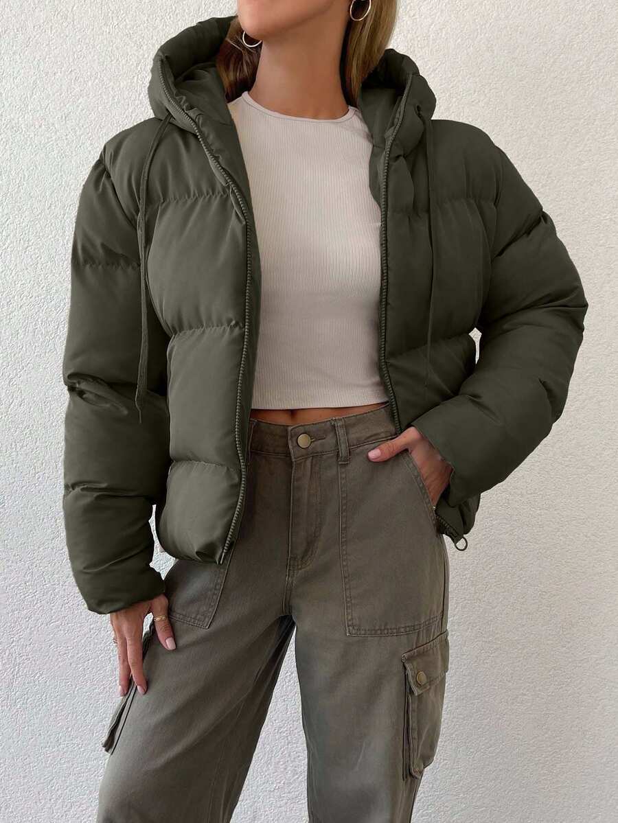 EURMUSE Women's Solid Color Long Sleeve Zipper Front Drawstring Hooded Casual Winter Jacket - Hijau Tentara - View 1