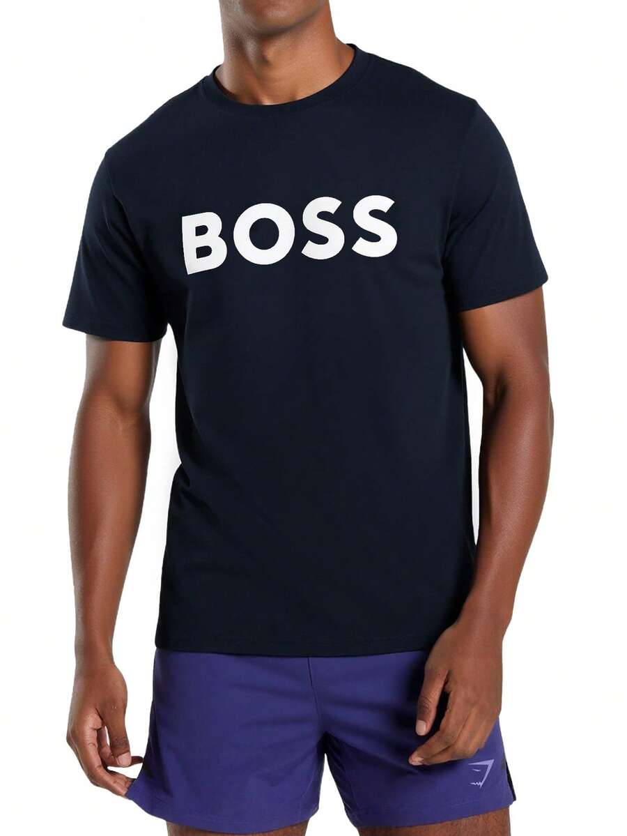 Hugo Boss 男士字母印花圆领短袖休闲百搭T恤 - 404深藍色 - 查看 1