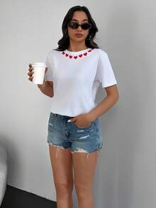 RueChic Woman Short Sleeve Solid Color Heart Printed Neck T-Shirt Tee - Cream - View 4