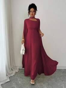 Elenzga Women's Elegant French Romantic Vacation Style Beach Dress, Chiffon Sheer Fabric, Hollow Collar, Criss-Cross Back Tie, Flared Maxi Skirt, Long Sleeve, Slit Cuffs, Suitable For Afternoon Tea, Party, Middle East Style, Spring/Summer Fall Cloth For Women - Burgundy - View 7