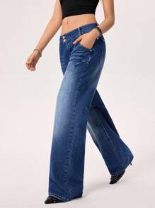 SHEIN EZwear 女式低腰口袋宽松休闲直筒牛仔裤 - 深色水洗藍 - 查看 4