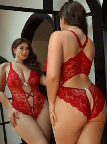 SHEIN Body de lencería con encaje calado y cruzado para mujer de talla grande