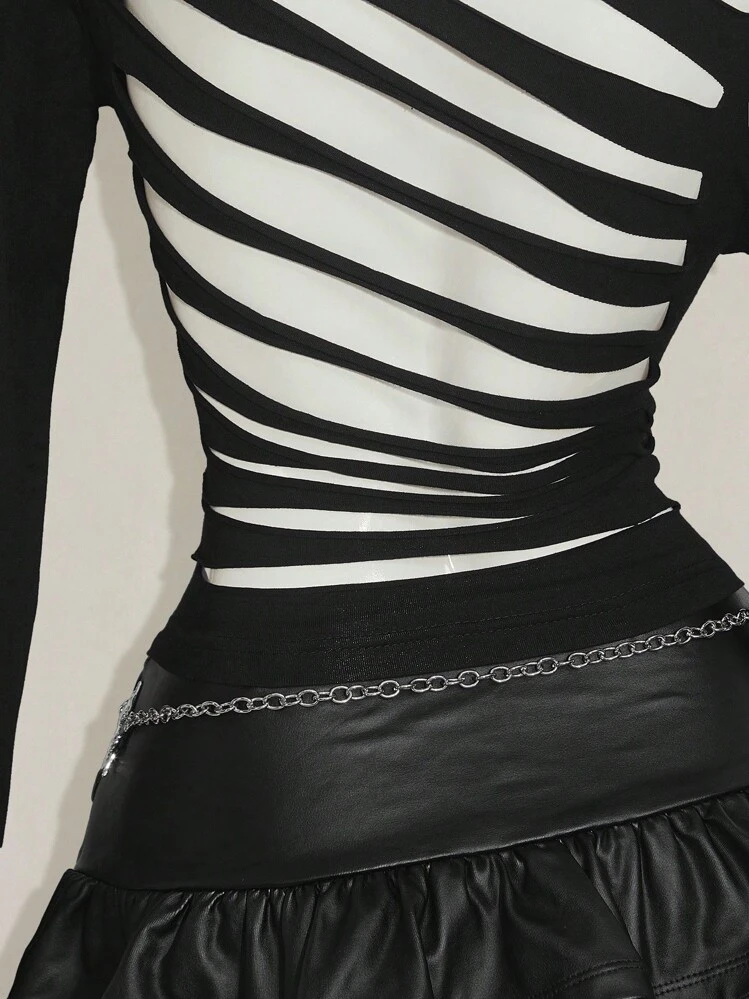 SHEIN ICON Top moulant à manches longues, une épaule, dos déchiré. Idéal pour le printemps, l'été, les vacances, Ibiza, les festivals, les raves. Top pour fille cool, naufragée, noir, style gothique