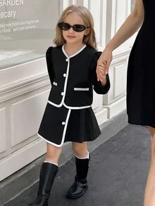 SHEIN Elladie kids 2pcs Young Girls Fashion White Button Black Long Sleeve Faux Pocket Jacket Paired With Comfortable Autumn/Winter 2 In 1 Skirt Set Fall - Black - View 1