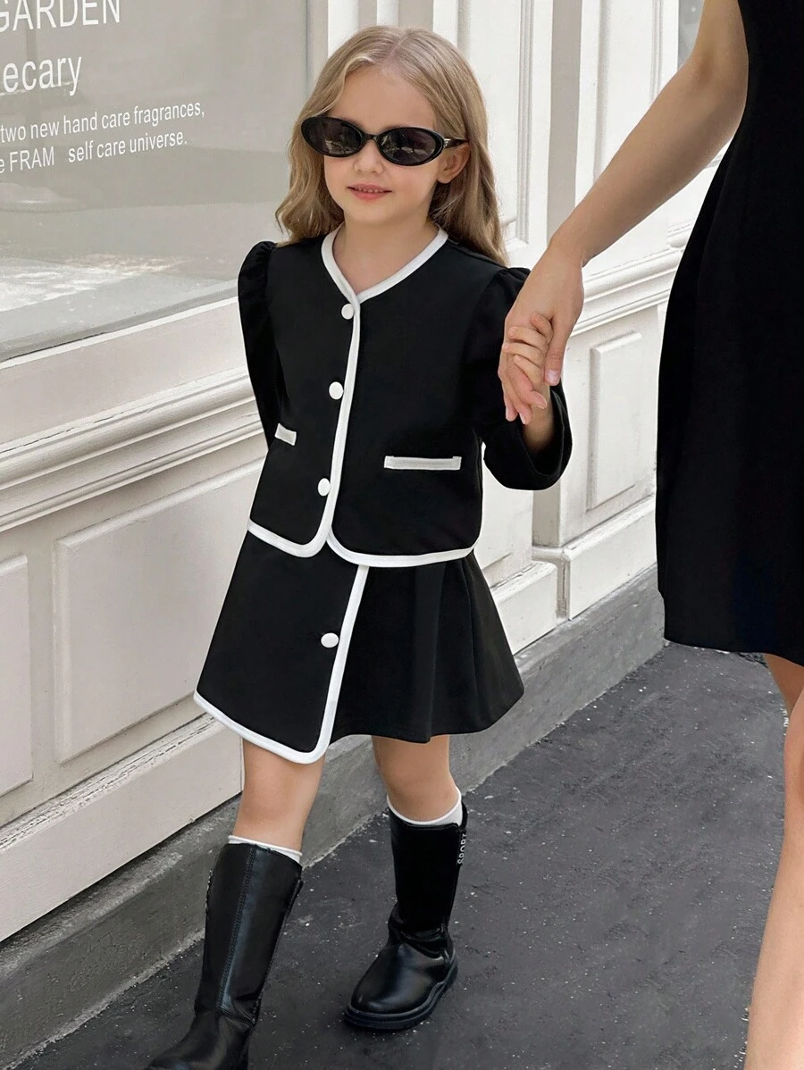 SHEIN Elladie kids 2pcs Young Girls Fashion White Button Black Long Sleeve Faux Pocket Jacket Paired With Comfortable Autumn/Winter 2 In 1 Skirt Set Fall - Black - View 1