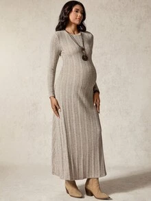Boho Mama 孕妇纯色圆领长袖罗纹休闲连衣裙 - 卡其色 - 查看 5