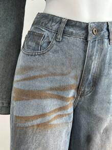 Elamini Women's Casual Straight Leg Wide Leg Button Distressed Everyday Jeans - Blue - View 3