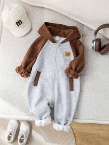 SHEIN Newborn Baby Unisex Plush Bear Hooded Jumpsuit, Casual Color Block Design, Autumn/Winter Baby Clothes, Baby Halloween Costume Newborn Baby Boy Winter Clothes Hooded Baby Jumpsuit Baby Boy Winter Jumpsuit Zip Up Baby Jumpsuit Fall - Multicolor - View 7