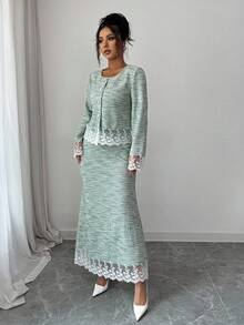 Modelyn Bộ 2 món thanh lịch dành cho nữ: Áo dài tay viền ren phong cách Pháp và chân váy midi - màu xanh lá - Xem 3