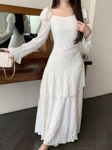 Modelyn Vestido de manga larga con volante en la cintura y bajo, estilo único francés - Beis - Ver 6
