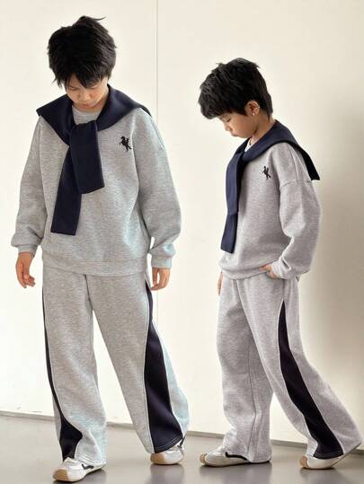 SHEIN Tween Boys' Casual Korean Style Loose Fit Hooded Sweatshirt With Detachable Shawl Collar And Elastic Waist Pants Set, Suitable For Autumn/Spring, Outdoor Play, School, Street Style, Party And Leisure