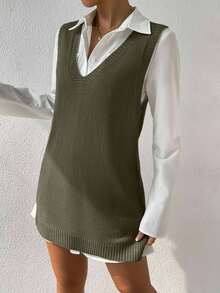 EURMUSE Women's Solid Color V-Neck Sleeveless Sweater Dress - Hijau Tentara - View 7