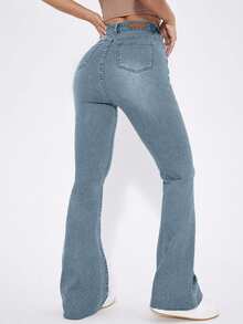 EURMUSE Women's Solid Color Minimalist Daily Wear High Waist Flare Jeans - Light Wash - View 2