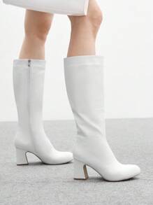 CUCCOO BIZCHIC 女士高跟靴，百搭优雅时尚 PU 粗跟靴，适合秋冬季 - 白色 - 查看 3