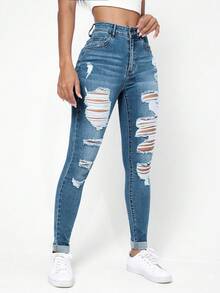 EURMUSE Women's Light Color Distressed Fashion Denim Jeans - Light Wash - View 6