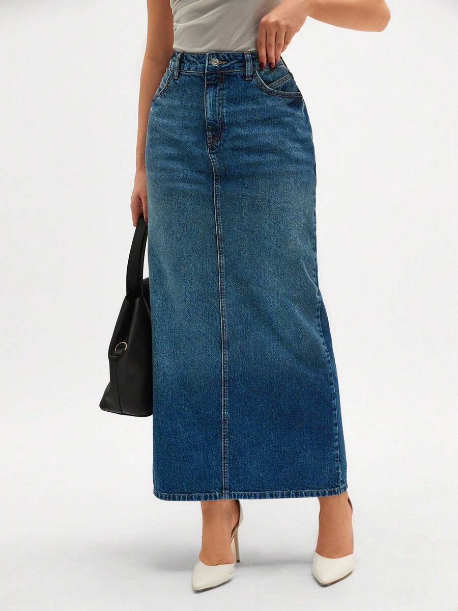 Váy midi denim dáng suông rộng rãi, thoải mái, có túi dành cho nữ, chân váy, váy ngắn - Xanh đậm - Xem 1